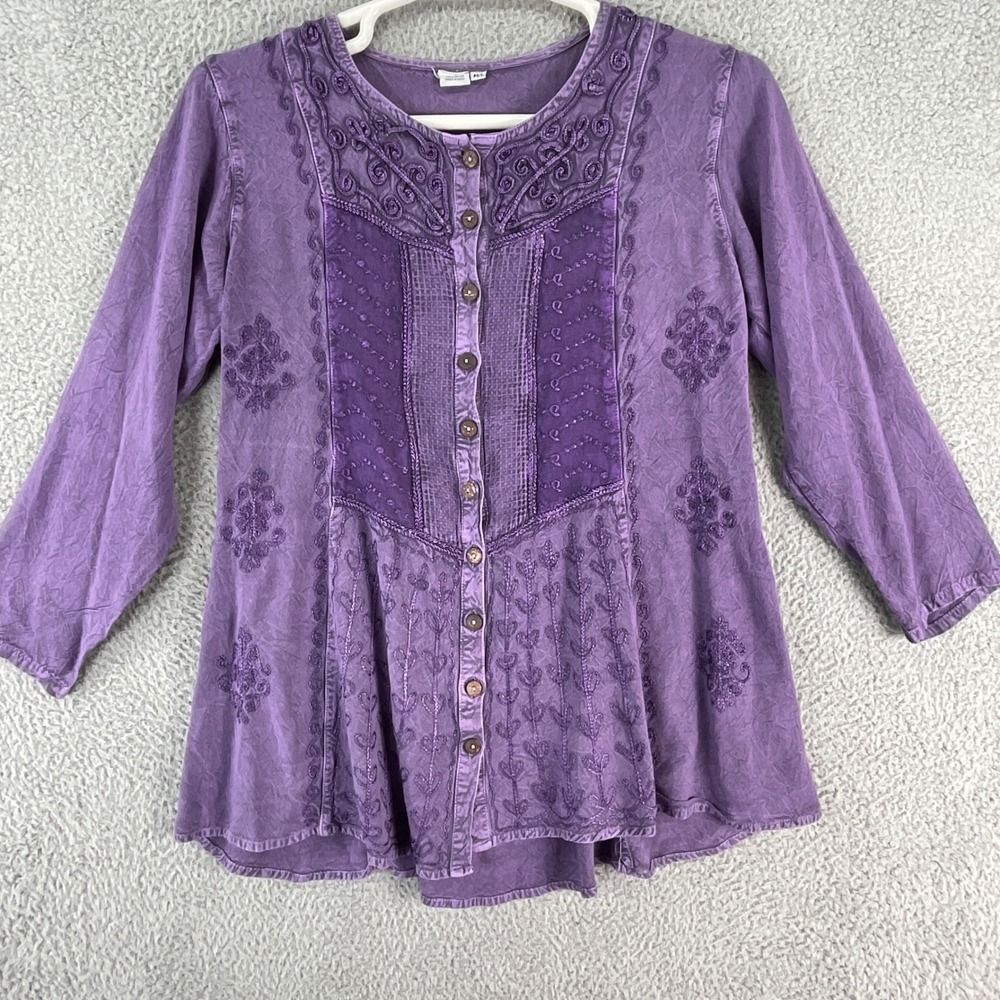 Unbranded Embroidered Tunic Women M Purple Boho Button Front Tie Back Blouse
